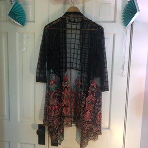 Radzoli sheer black, floral embroidered long shrug, sz. small